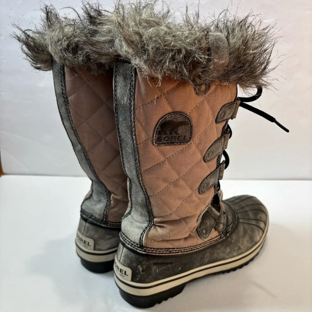 Sorel Tofino Gray Tan Waxed Canvas Leather outdoor Waterproof Snow Boots Sz 8.5
